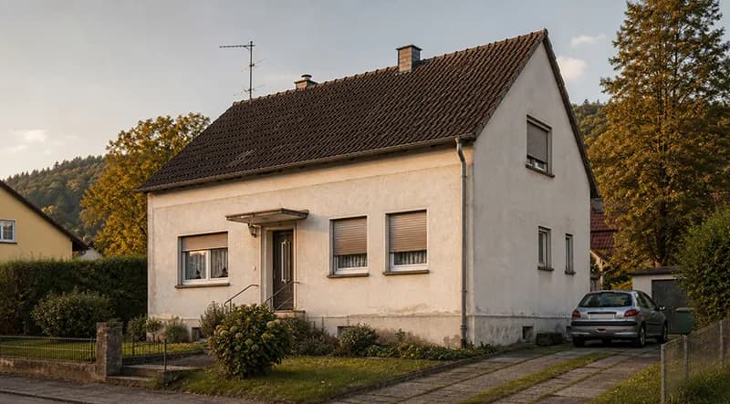 Unsaniertes Bestandshaus mit altem Dach und alten Fenstern