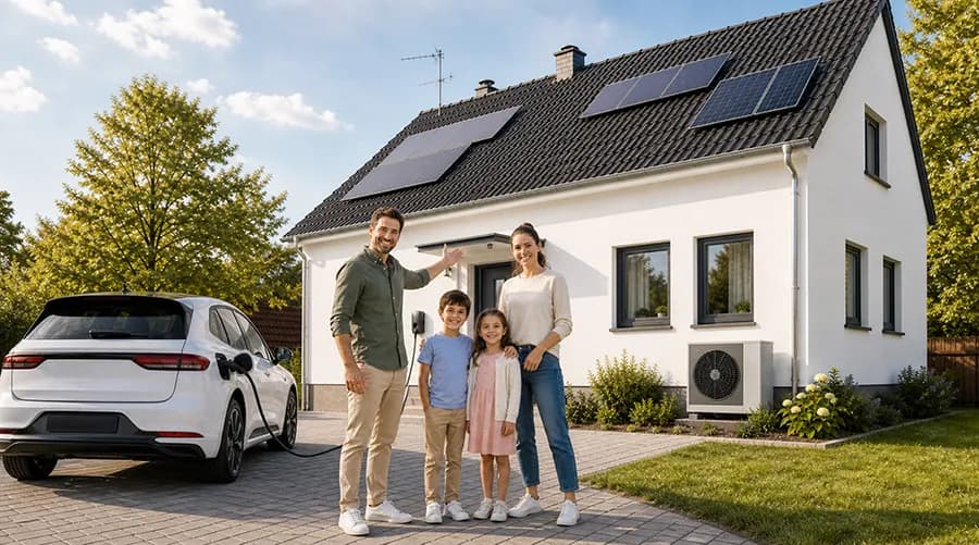 Familie vor ihrem sanierten Haus mit Photovoltaik, Wärmepumpe und Wallbox