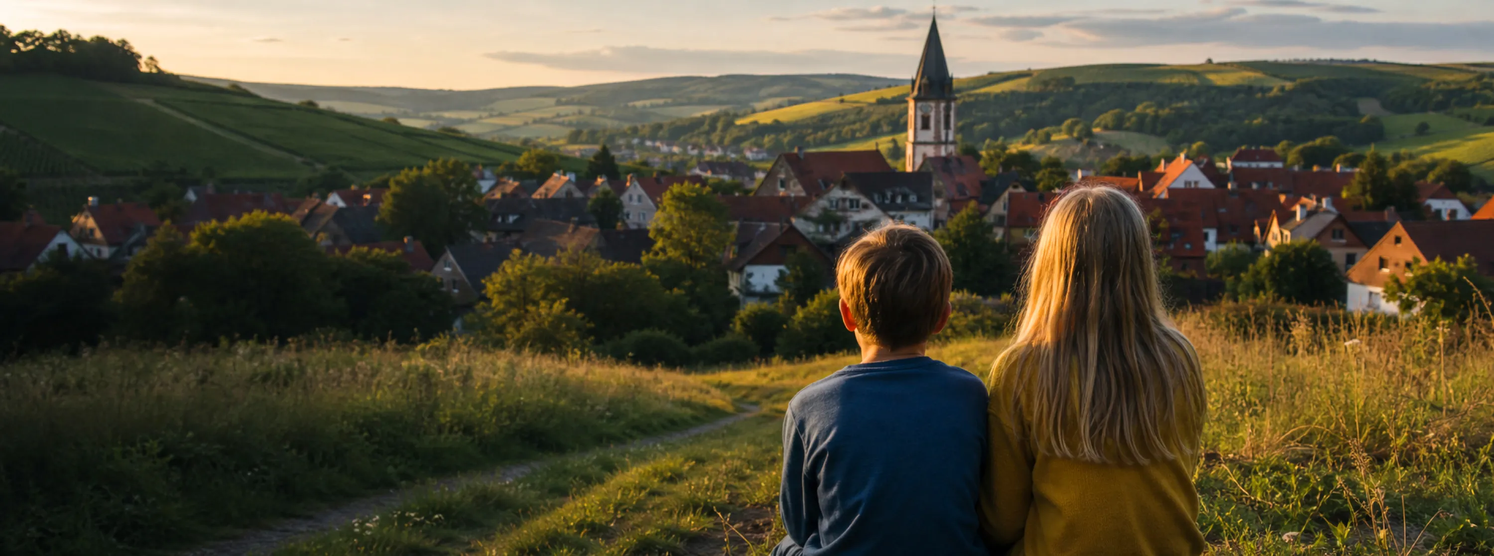 Zwei Kinder blicken auf einen unterfränkischen Ort im Abendlicht