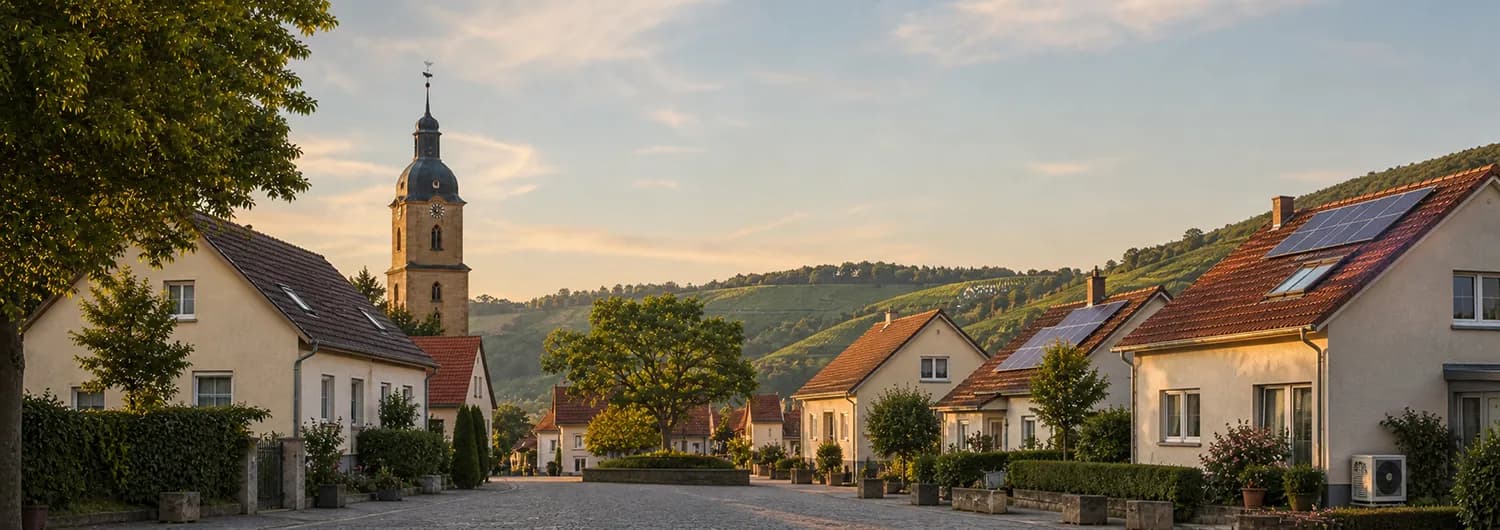 Unterfränkischer Ort mit Wohnhäusern, Kirche, Weinbergen und Photovoltaikanlagen