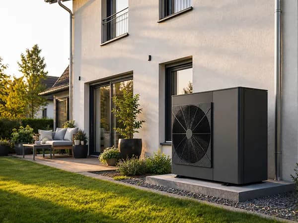 Wohnhaus mit außen aufgestellter Wärmepumpe