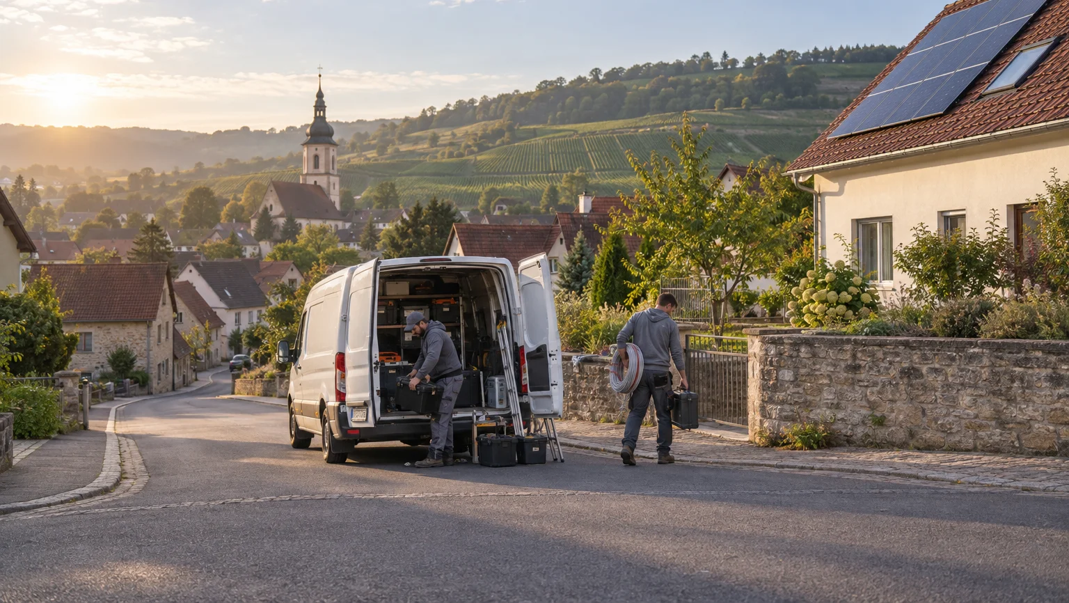 Zwei Handwerker laden in einer Dorfstraße mit Weinbergen im Hintergrund Werkzeug aus ihrem Transporter